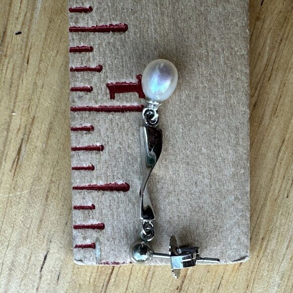 VTG Sterling 925 Twist Stud Dangle Earrings Cultured Pearls 2.4g Modernist 1.25" - Picture 7 of 8